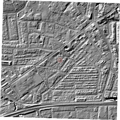 Shaded relief map of the ground around E164DP, computed from Environment Agency LiDAR. The ground here sits at about 1 m above sea level and falls 13 m across the surrounding 800 m. Surface water reaching this point runs off ground lying to the north-east, 6.4 m higher.