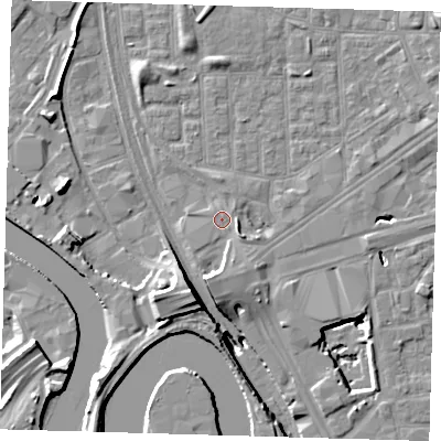 Shaded relief map of the ground around E164DQ, computed from Environment Agency LiDAR. The ground here sits at about 2 m above sea level and falls 15 m across the surrounding 800 m. Surface water reaching this point runs off ground lying to the south-south-west, 4.7 m higher.