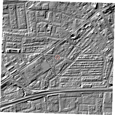 Shaded relief map of the ground around E164DR, computed from Environment Agency LiDAR. The ground here sits at about 1 m above sea level and falls 7 m across the surrounding 800 m. Surface water reaching this point runs off ground lying to the north-east, 4.8 m higher.
