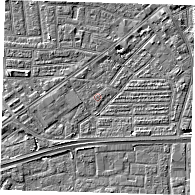 Shaded relief map of the ground around E164DS, computed from Environment Agency LiDAR. The ground here sits at about 2 m above sea level and falls 6 m across the surrounding 800 m. Surface water reaching this point runs off ground lying to the south-south-west, 3.8 m higher.