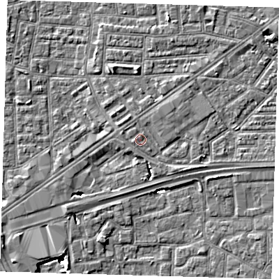 Shaded relief map of the ground around E164DT, computed from Environment Agency LiDAR. The ground here sits at about 2 m above sea level and falls 8 m across the surrounding 800 m. Surface water reaching this point runs off ground lying to the east-south-east, 1.6 m higher.