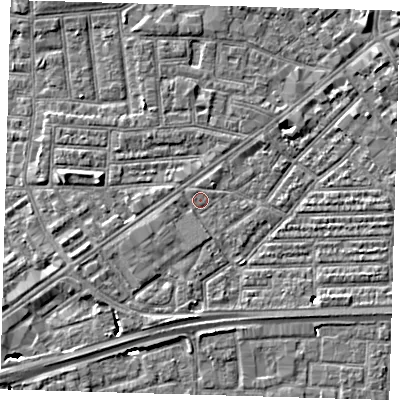 Shaded relief map of the ground around E164DU, computed from Environment Agency LiDAR. The ground here sits at about 2 m above sea level and falls 7 m across the surrounding 800 m. Surface water reaching this point runs off ground lying to the south-south-west, 1.8 m higher.
