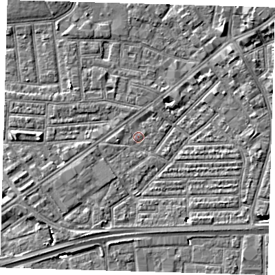 Shaded relief map of the ground around E164DW, computed from Environment Agency LiDAR. The ground here sits at about 1 m above sea level and falls 8 m across the surrounding 800 m. Surface water reaching this point runs off ground lying to the north-east, 5.4 m higher.