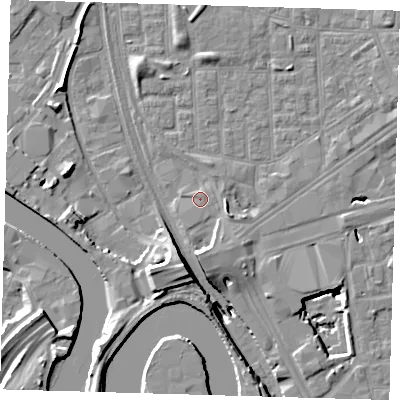 Shaded relief map of the ground around E164DX, computed from Environment Agency LiDAR. The ground here sits at about 2 m above sea level and falls 15 m across the surrounding 800 m. Surface water reaching this point runs off ground lying to the south-south-east, 0.6 m higher.