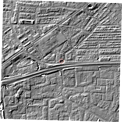 Shaded relief map of the ground around E164EA, computed from Environment Agency LiDAR. The ground here sits at about 2 m above sea level and falls 7 m across the surrounding 800 m. Surface water reaching this point runs off ground lying to the south-south-west, 1.6 m higher.