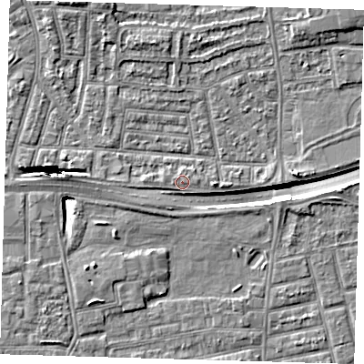 Shaded relief map of the ground around E164ED, computed from Environment Agency LiDAR. The ground here sits at about 2 m above sea level and falls 11 m across the surrounding 800 m. The ground contributing surface water to this point lies to the east-south-east.