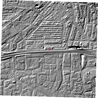 Shaded relief map of the ground around E164EG, computed from Environment Agency LiDAR. The ground here sits at about 2 m above sea level and falls 11 m across the surrounding 800 m. Surface water reaching this point runs off ground lying to the north-north-east, 0.6 m higher.