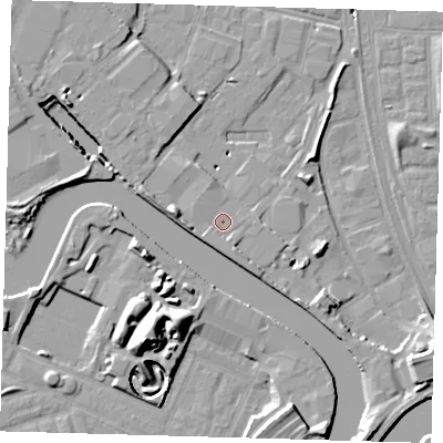 Shaded relief map of the ground around E164ES, computed from Environment Agency LiDAR. The ground here sits at about 4 m above sea level and falls 16 m across the surrounding 800 m. Surface water reaching this point runs off ground lying to the south-south-east, 1.7 m higher.