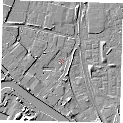 Shaded relief map of the ground around E164ET, computed from Environment Agency LiDAR. The ground here sits at about 1 m above sea level and falls 13 m across the surrounding 800 m. Surface water reaching this point runs off ground lying to the south-west, 8.9 m higher.