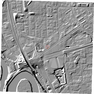 Shaded relief map of the ground around E164HB, computed from Environment Agency LiDAR. The ground here sits at about 2 m above sea level and falls 15 m across the surrounding 800 m. Surface water reaching this point runs off ground lying to the south-west, 2.8 m higher.