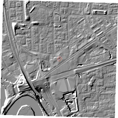 Shaded relief map of the ground around E164HF, computed from Environment Agency LiDAR. The ground here sits at about 2 m above sea level and falls 15 m across the surrounding 800 m. Surface water reaching this point runs off ground lying to the south-west, 0.6 m higher.