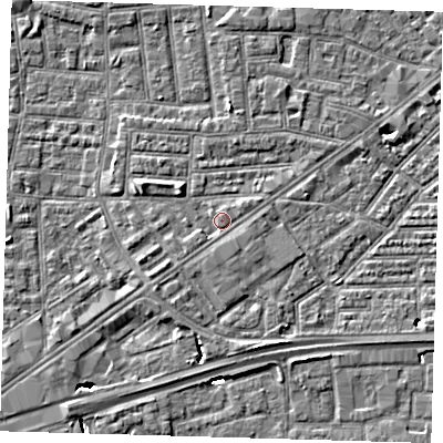 Shaded relief map of the ground around E164HH, computed from Environment Agency LiDAR. The ground here sits at about 2 m above sea level and falls 5 m across the surrounding 800 m. Surface water reaching this point runs off ground lying to the south-south-east, 0.6 m higher.