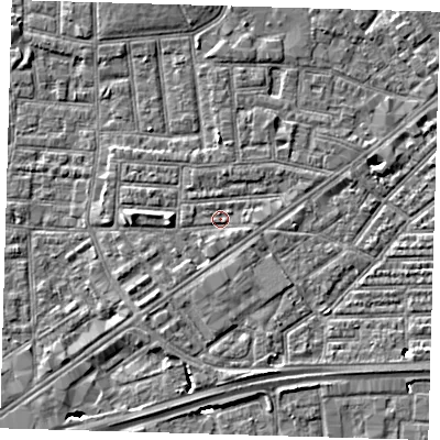 Shaded relief map of the ground around E164HJ, computed from Environment Agency LiDAR. The ground here sits at about 1 m above sea level and falls 6 m across the surrounding 800 m. Surface water reaching this point runs off ground lying to the west, 2.1 m higher.