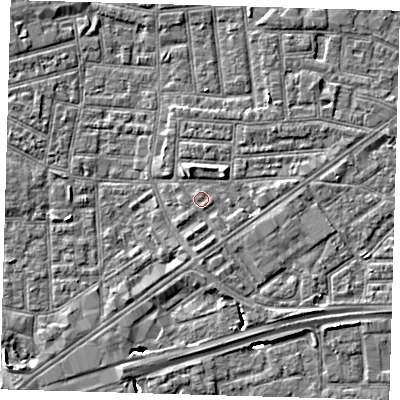 Shaded relief map of the ground around E164HL, computed from Environment Agency LiDAR. The ground here sits at about 2 m above sea level and falls 7 m across the surrounding 800 m. Surface water reaching this point runs off ground lying to the east-south-east, 0.6 m higher.