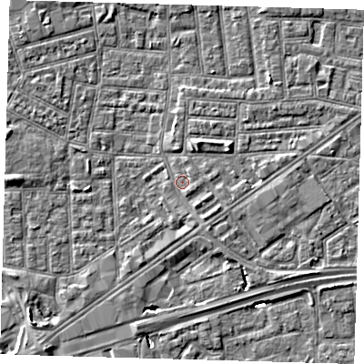 Shaded relief map of the ground around E164HN, computed from Environment Agency LiDAR. The ground here sits at about 1 m above sea level and falls 7 m across the surrounding 800 m. Surface water reaching this point runs off ground lying to the south-east, 1.5 m higher.