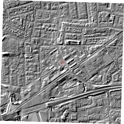 Shaded relief map of the ground around E164HP, computed from Environment Agency LiDAR. The ground here sits at about 1 m above sea level and falls 9 m across the surrounding 800 m. Surface water reaching this point runs off ground lying to the east, 1.5 m higher.