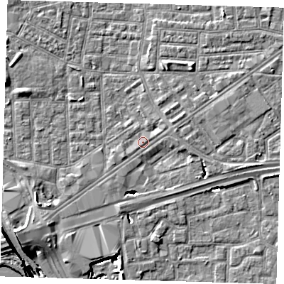 Shaded relief map of the ground around E164HQ, computed from Environment Agency LiDAR. The ground here sits at about 1 m above sea level and falls 15 m across the surrounding 800 m. Surface water reaching this point runs off ground lying to the south-west, 8.4 m higher.