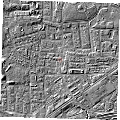 Shaded relief map of the ground around E164HR, computed from Environment Agency LiDAR. The ground here sits at about 1 m above sea level and falls 5 m across the surrounding 800 m. Surface water reaching this point runs off ground lying to the south-east, 2.9 m higher.