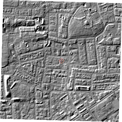 Shaded relief map of the ground around E164HS, computed from Environment Agency LiDAR. The ground here sits at about 1 m above sea level and falls 4 m across the surrounding 800 m. Surface water reaching this point runs off ground lying to the west-south-west, 3.4 m higher.