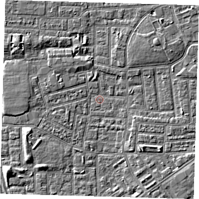 Shaded relief map of the ground around E164HT, computed from Environment Agency LiDAR. The ground here sits at about 1 m above sea level and falls 4 m across the surrounding 800 m. Surface water reaching this point runs off ground lying to the west-south-west, 3.4 m higher.