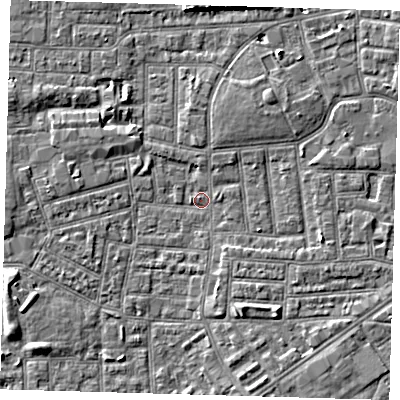Shaded relief map of the ground around E164HU, computed from Environment Agency LiDAR. The ground here sits at about 1 m above sea level and falls 4 m across the surrounding 800 m. Surface water reaching this point runs off ground lying to the west-south-west, 3.4 m higher.