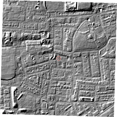 Shaded relief map of the ground around E164HX, computed from Environment Agency LiDAR. The ground here sits at about 1 m above sea level and falls 5 m across the surrounding 800 m. Surface water reaching this point runs off ground lying to the north-north-east, 4.9 m higher.