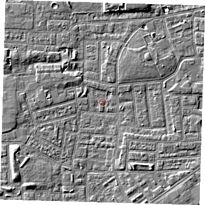 Shaded relief map of the ground around E164HY, computed from Environment Agency LiDAR. The ground here sits at about 1 m above sea level and falls 5 m across the surrounding 800 m. Surface water reaching this point runs off ground lying to the west-south-west, 3.4 m higher.