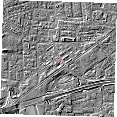 Shaded relief map of the ground around E164JH, computed from Environment Agency LiDAR. The ground here sits at about 1 m above sea level and falls 9 m across the surrounding 800 m. Surface water reaching this point runs off ground lying to the east, 1.5 m higher.