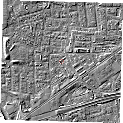 Shaded relief map of the ground around E164JJ, computed from Environment Agency LiDAR. The ground here sits at about 1 m above sea level and falls 8 m across the surrounding 800 m. Surface water reaching this point runs off ground lying to the south-west, 3.9 m higher.