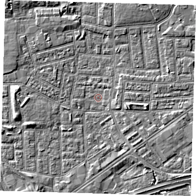 Shaded relief map of the ground around E164JL, computed from Environment Agency LiDAR. The ground here sits at about 1 m above sea level and falls 6 m across the surrounding 800 m. Surface water reaching this point runs off ground lying to the east-south-east, 2.9 m higher.