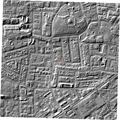 Shaded relief map of the ground around E164JP, computed from Environment Agency LiDAR. The ground here sits at about 1 m above sea level and falls 4 m across the surrounding 800 m. Surface water reaching this point runs off ground lying to the north-east, 3.8 m higher.