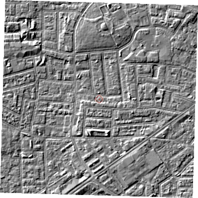Shaded relief map of the ground around E164JR, computed from Environment Agency LiDAR. The ground here sits at about 1 m above sea level and falls 4 m across the surrounding 800 m. Surface water reaching this point runs off ground lying to the north-east, 3.3 m higher.