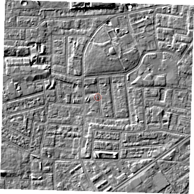 Shaded relief map of the ground around E164JS, computed from Environment Agency LiDAR. The ground here sits at about 1 m above sea level and falls 5 m across the surrounding 800 m. Surface water reaching this point runs off ground lying to the north-north-west, 1.1 m higher.