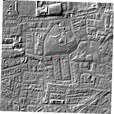 Shaded relief map of the ground around E164JT, computed from Environment Agency LiDAR. The ground here sits at about 1 m above sea level and falls 5 m across the surrounding 800 m. Surface water reaching this point runs off ground lying to the north-north-west, 1.6 m higher.