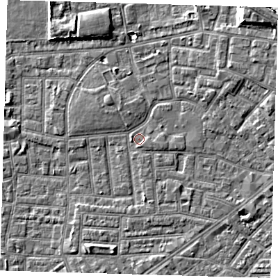 Shaded relief map of the ground around E164JU, computed from Environment Agency LiDAR. The ground here sits at about 1 m above sea level and falls 10 m across the surrounding 800 m. Surface water reaching this point runs off ground lying to the south-south-east, 0.8 m higher.