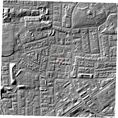 Shaded relief map of the ground around E164JW, computed from Environment Agency LiDAR. The ground here sits at about 1 m above sea level and falls 4 m across the surrounding 800 m. Surface water reaching this point runs off ground lying to the west-south-west, 3.3 m higher.