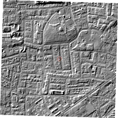 Shaded relief map of the ground around E164JX, computed from Environment Agency LiDAR. The ground here sits at about 1 m above sea level and falls 5 m across the surrounding 800 m. Surface water reaching this point runs off ground lying to the north-north-west, 1.6 m higher.