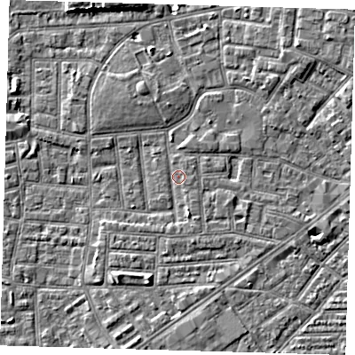 Shaded relief map of the ground around E164JZ, computed from Environment Agency LiDAR. The ground here sits at about 1 m above sea level and falls 6 m across the surrounding 800 m. Surface water reaching this point runs off ground lying to the north-east, 4.6 m higher.