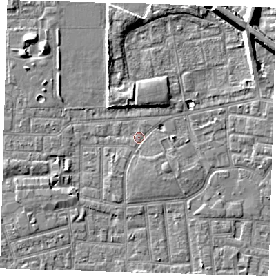 Shaded relief map of the ground around E164LA, computed from Environment Agency LiDAR. The ground here sits at about 1 m above sea level and falls 9 m across the surrounding 800 m. Surface water reaching this point runs off ground lying to the south-south-east, 2.3 m higher.