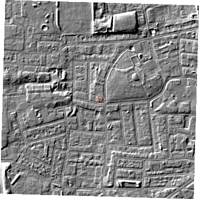 Shaded relief map of the ground around E164LB, computed from Environment Agency LiDAR. The ground here sits at about 2 m above sea level and falls 5 m across the surrounding 800 m. Surface water reaching this point runs off ground lying to the north-east, 1.2 m higher.