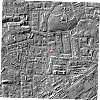 Shaded relief map of the ground around E164LD, computed from Environment Agency LiDAR. The ground here sits at about 1 m above sea level and falls 3 m across the surrounding 800 m. Surface water reaching this point runs off ground lying to the south-west, 3.1 m higher.