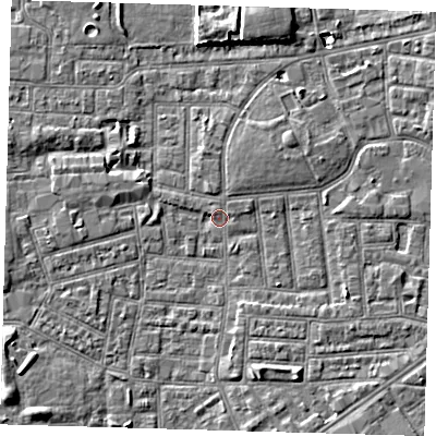 Shaded relief map of the ground around E164LE, computed from Environment Agency LiDAR. The ground here sits at about 1 m above sea level and falls 5 m across the surrounding 800 m. Surface water reaching this point runs off ground lying to the north, 4.9 m higher.