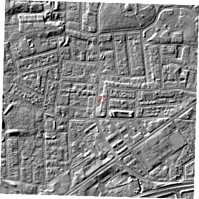 Shaded relief map of the ground around E164LF, computed from Environment Agency LiDAR. The ground here sits at about 1 m above sea level and falls 5 m across the surrounding 800 m. Surface water reaching this point runs off ground lying to the south-east, 2.9 m higher.