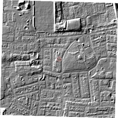 Shaded relief map of the ground around E164LL, computed from Environment Agency LiDAR. The ground here sits at about 2 m above sea level and falls 8 m across the surrounding 800 m. Surface water reaching this point runs off ground lying to the south-west, 0.6 m higher.