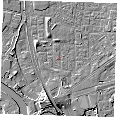 Shaded relief map of the ground around E164LU, computed from Environment Agency LiDAR. The ground here sits at about 2 m above sea level and falls 15 m across the surrounding 800 m. Surface water reaching this point runs off ground lying to the west-south-west, 0.7 m higher.