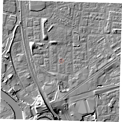 Shaded relief map of the ground around E164LX, computed from Environment Agency LiDAR. The ground here sits at about 1 m above sea level and falls 15 m across the surrounding 800 m. Surface water reaching this point runs off ground lying to the west, 0.7 m higher.