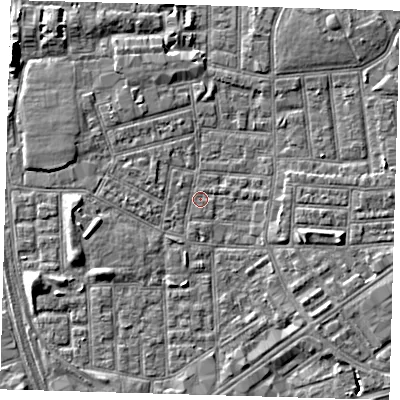 Shaded relief map of the ground around E164NA, computed from Environment Agency LiDAR. The ground here sits at about 1 m above sea level and falls 6 m across the surrounding 800 m. Surface water reaching this point runs off ground lying to the west, 3.4 m higher.
