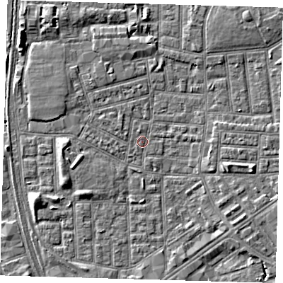 Shaded relief map of the ground around E164NB, computed from Environment Agency LiDAR. The ground here sits at about 1 m above sea level and falls 6 m across the surrounding 800 m. Surface water reaching this point runs off ground lying to the west, 3.4 m higher.