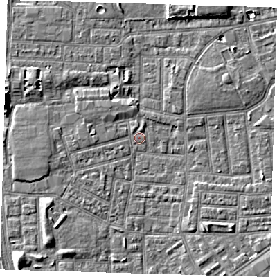 Shaded relief map of the ground around E164ND, computed from Environment Agency LiDAR. The ground here sits at about 1 m above sea level and falls 5 m across the surrounding 800 m. Surface water reaching this point runs off ground lying to the south-west, 3.4 m higher.