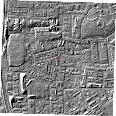 Shaded relief map of the ground around E164NE, computed from Environment Agency LiDAR. The ground here sits at about 1 m above sea level and falls 4 m across the surrounding 800 m. Surface water reaching this point runs off ground lying to the west, 2.4 m higher.